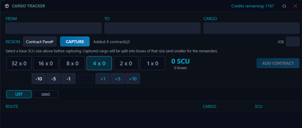 The Cargo Tracker input section with SCU size buttons