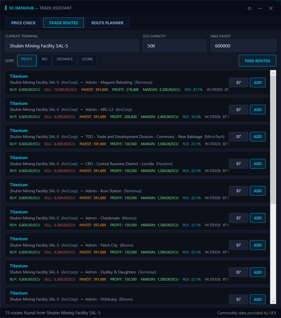 SC DataHub Trade Routes — find profitable routes sorted by profit, ROI, and distance